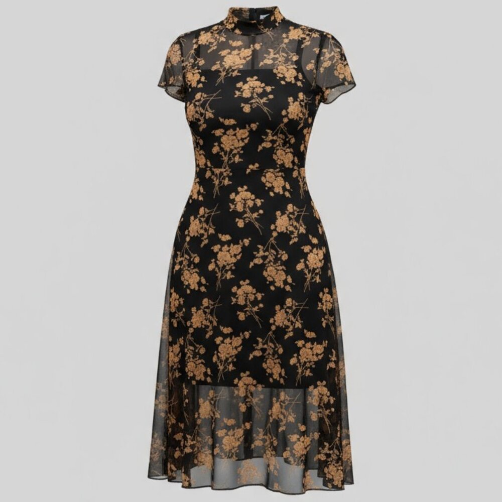 Black Floral Mesh Midi Dress with attached slip - Pre-Owned - Size Small